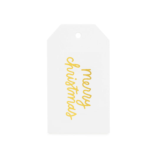 White gift tag with 'Merry Christmas' in gold 