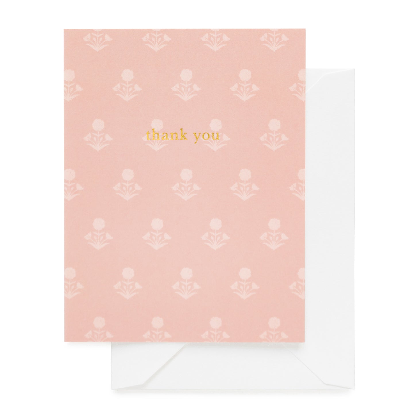 Rose pink card with white floral pattern and 'thank you' text in gold foil, featuring a white envelope.