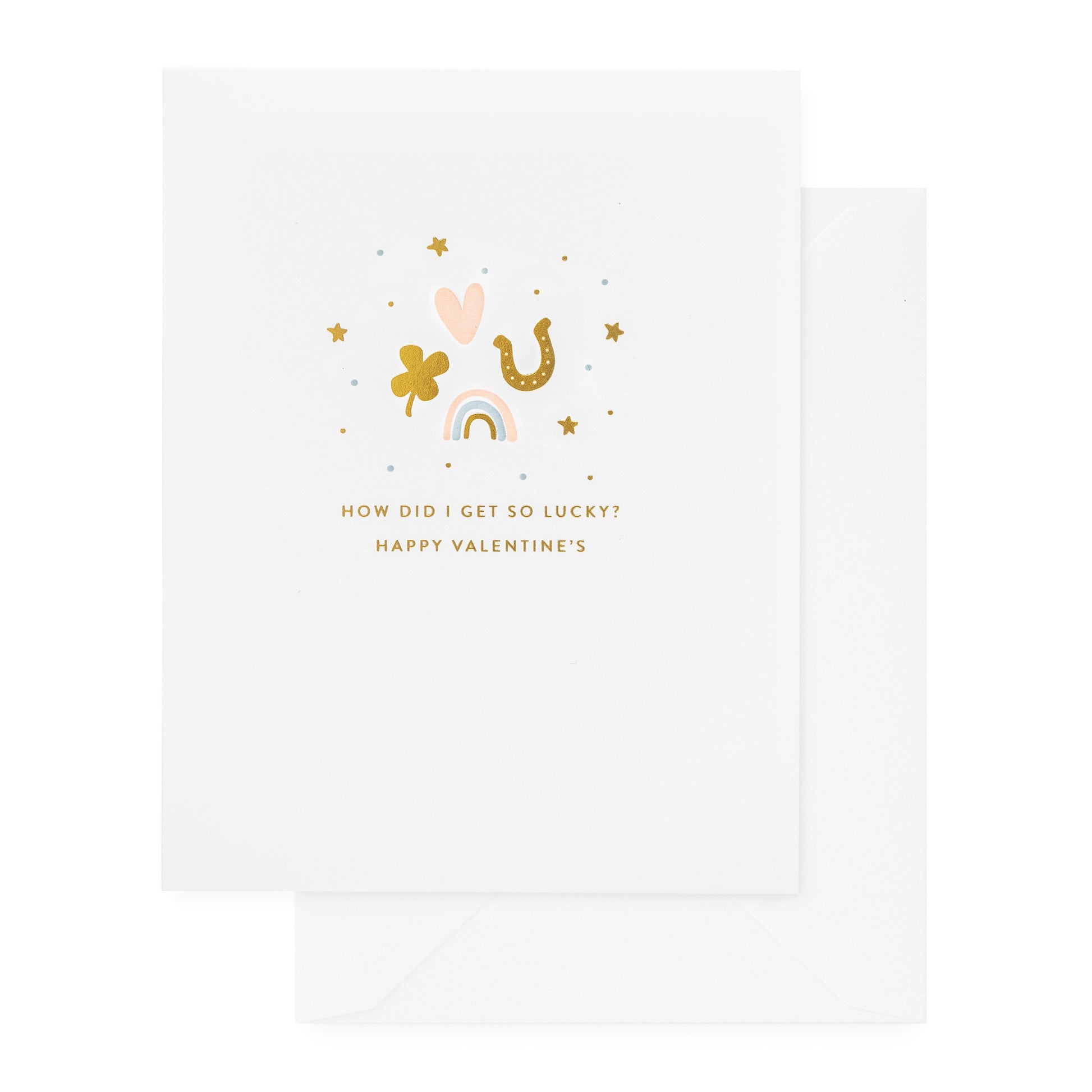 white card with lucky icons and gold foil text, white envelope