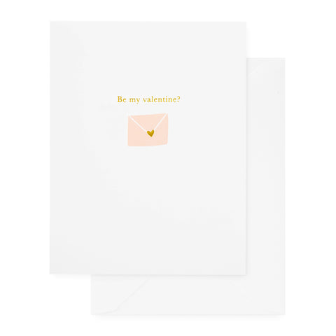 Gold foil and pale pink letterpress card printed with Be my Valentine? and a pink and gold envelope icon