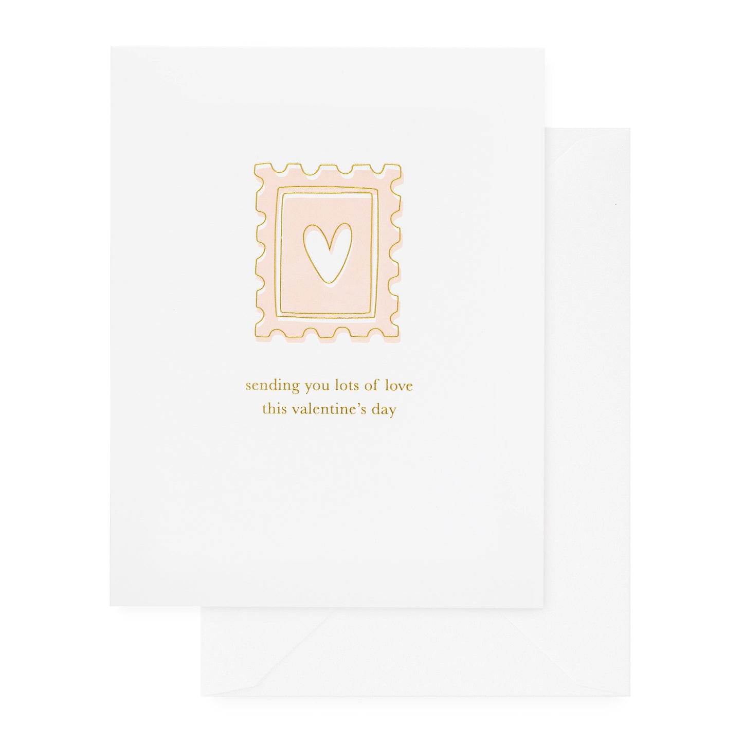 white card with pink and gold stamp and text, white envelope