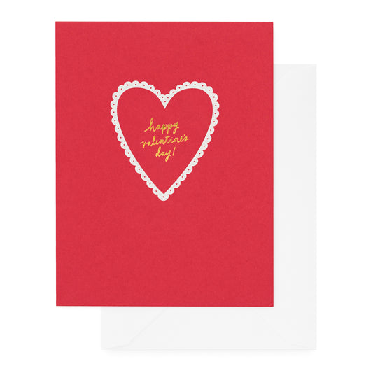 Red card with white scallop heart printed with happy valentine's day