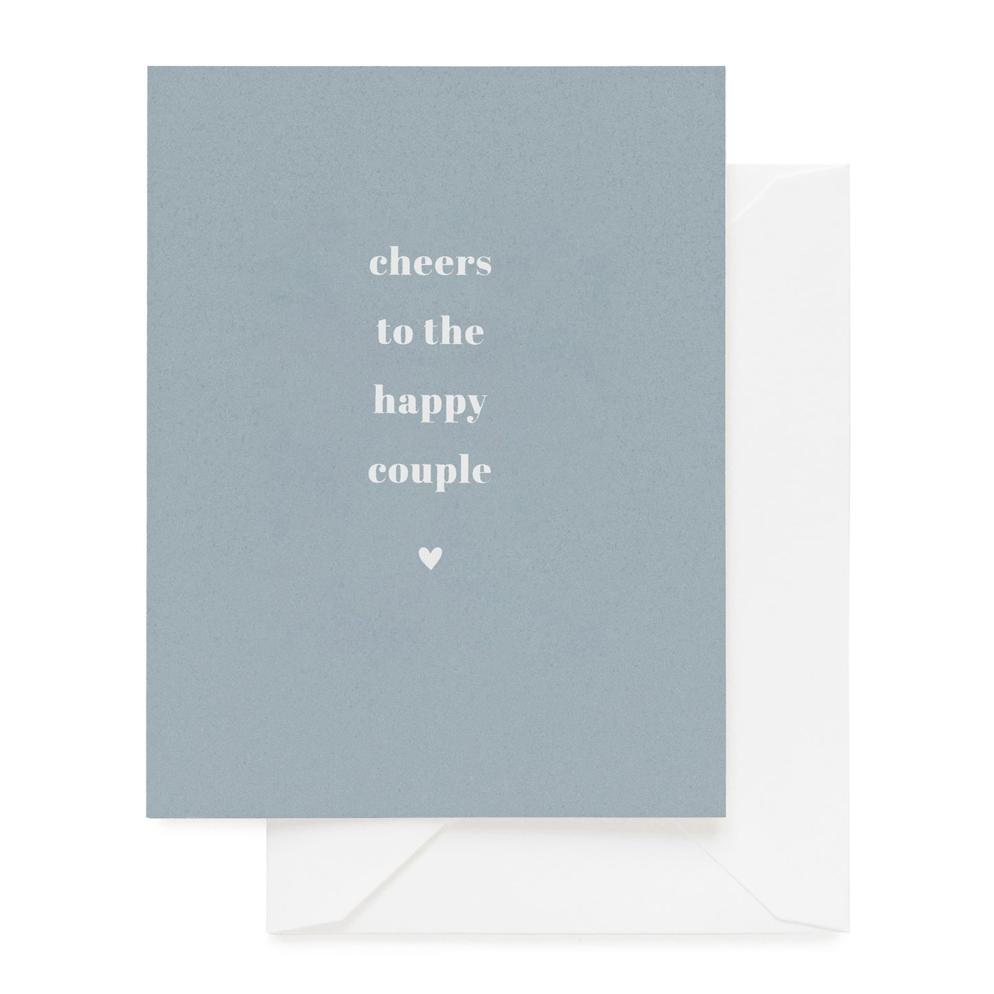 Slate blue card printed with white foil cheers to the happy couple paired with a white envelope