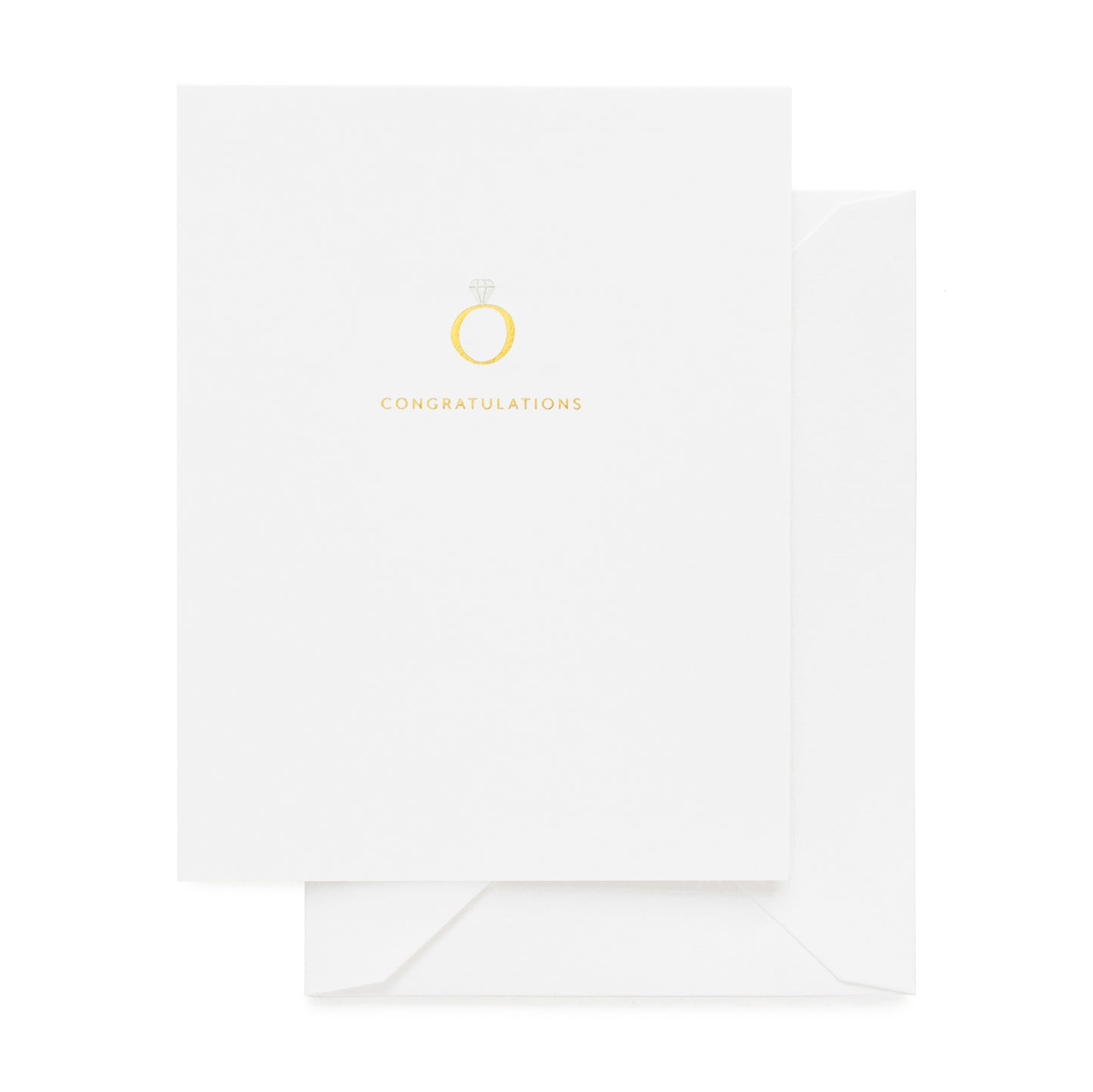 White card foil printed with a gold foil engagement ring and congratulations