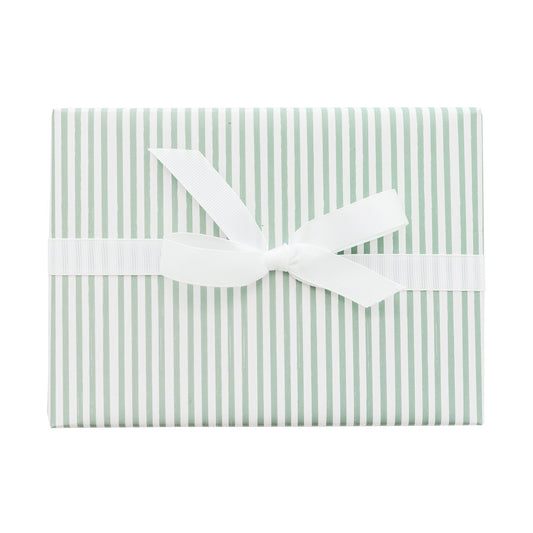 Mint green and white stripe gift wrap with white ribbon