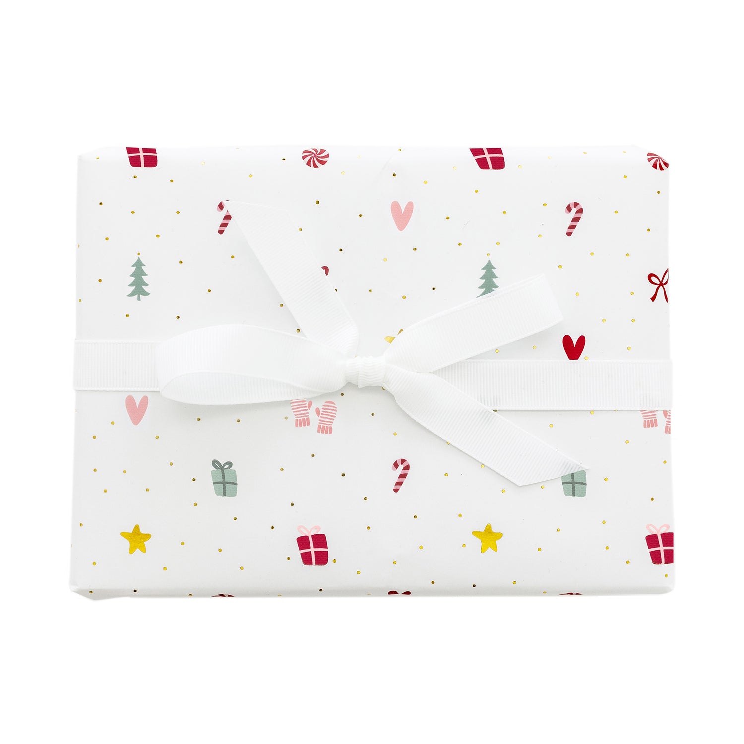 Christmas icon wrapped gift with white ribbon}