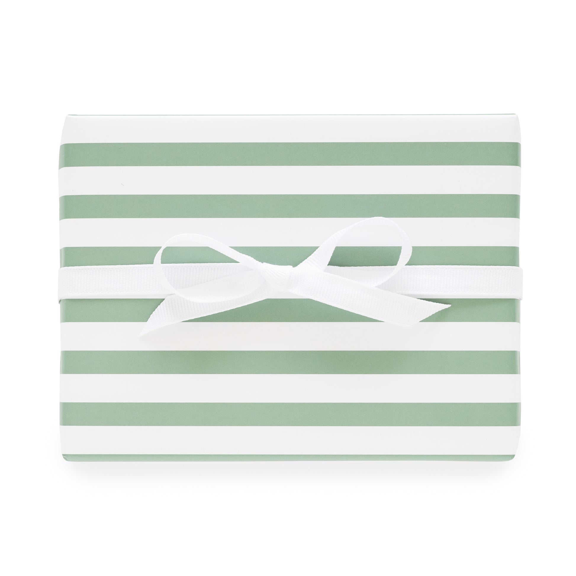 Dark green and white stripe wrapping paper wrapped gift with white ribbon