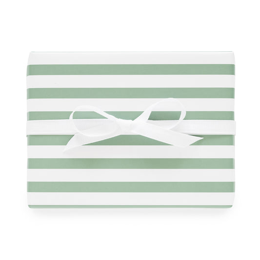 Dark green and white stripe wrapping paper wrapped gift with white ribbon