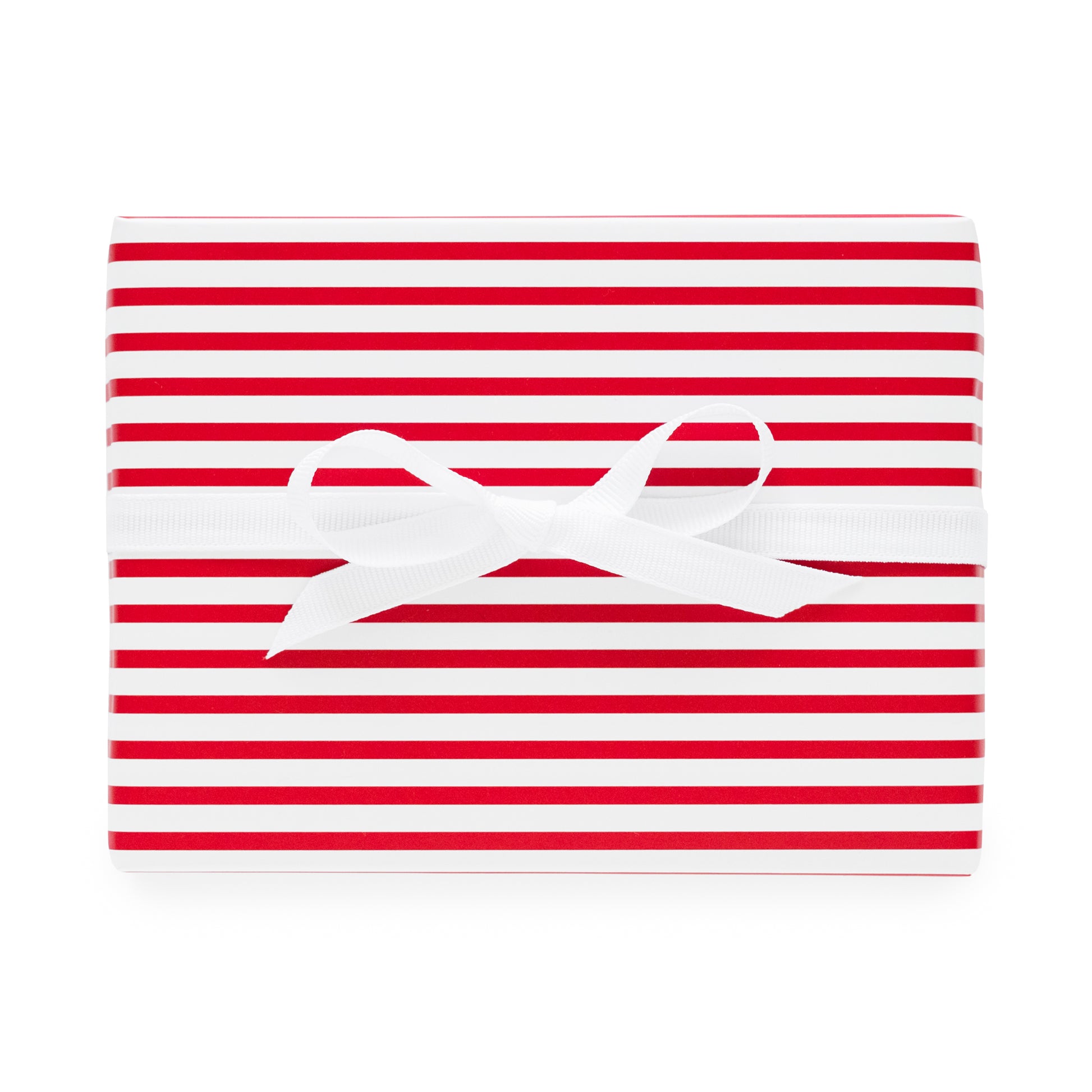 Red and white stripe wrapping paper with white ribbon bow