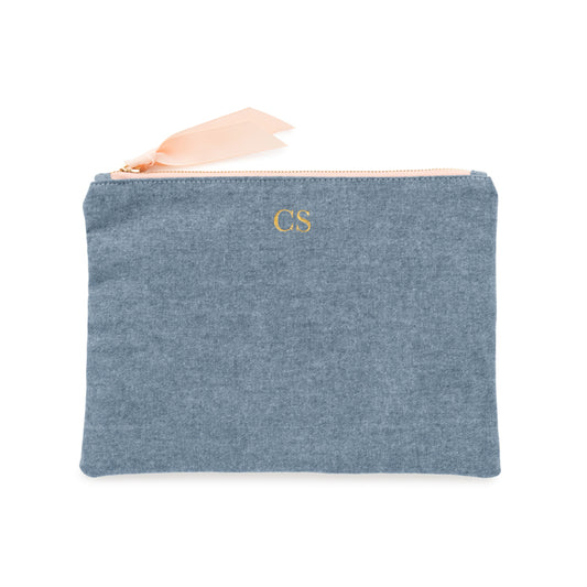 chambray pouch with gold monogram