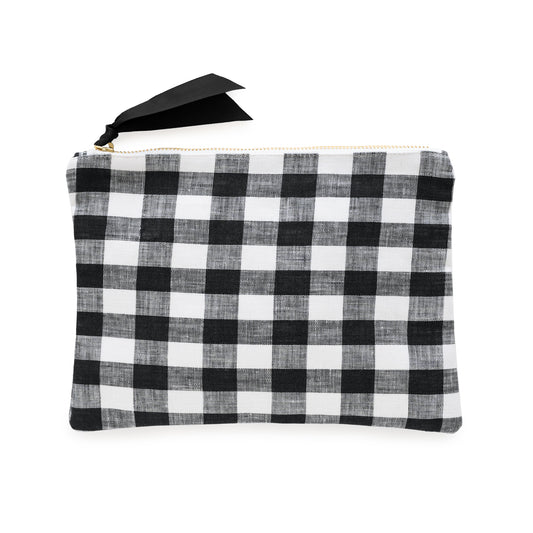 Black and white large gingham check fabric pouch with black ribbon zipper pull
