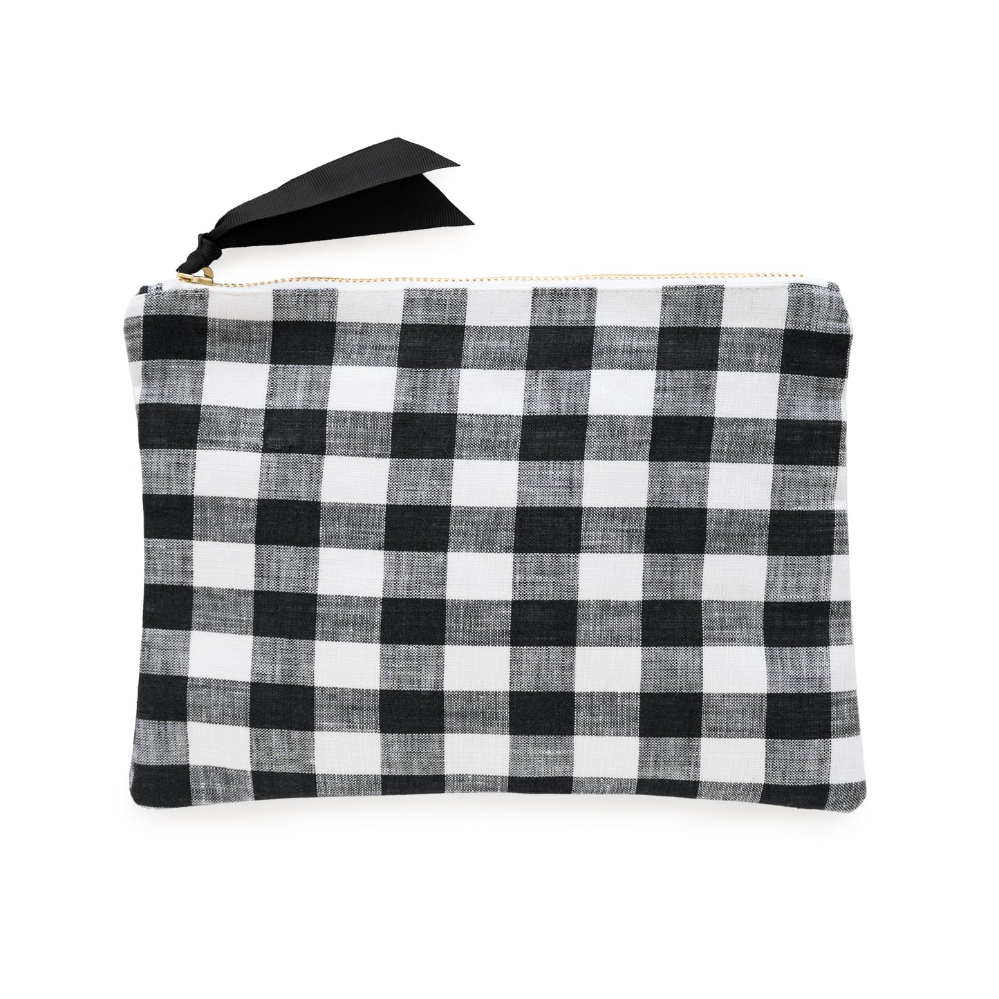 Black and white large gingham check fabric pouch with black ribbon zipper pull