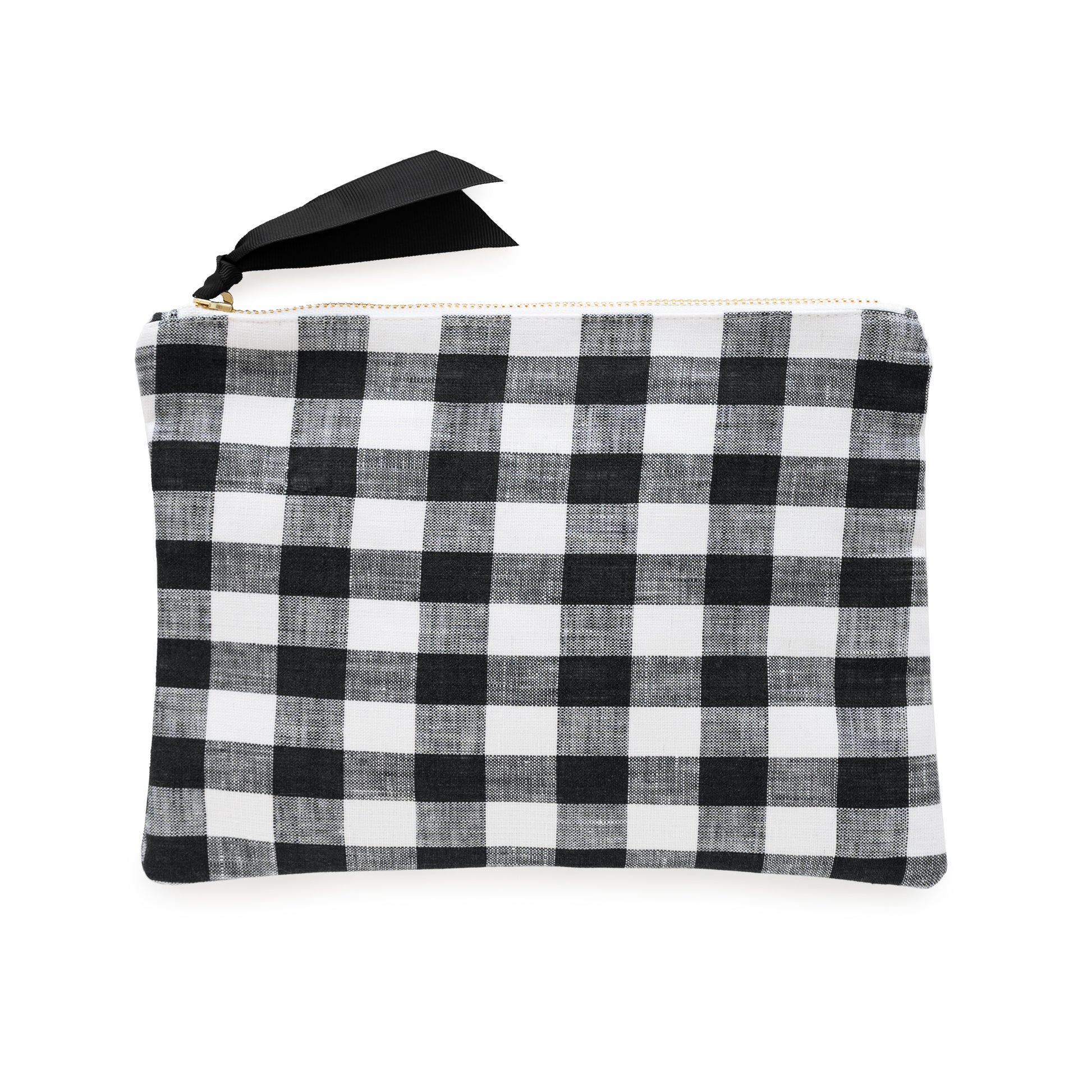 Black and white large gingham check fabric pouch with black ribbon zipper pull