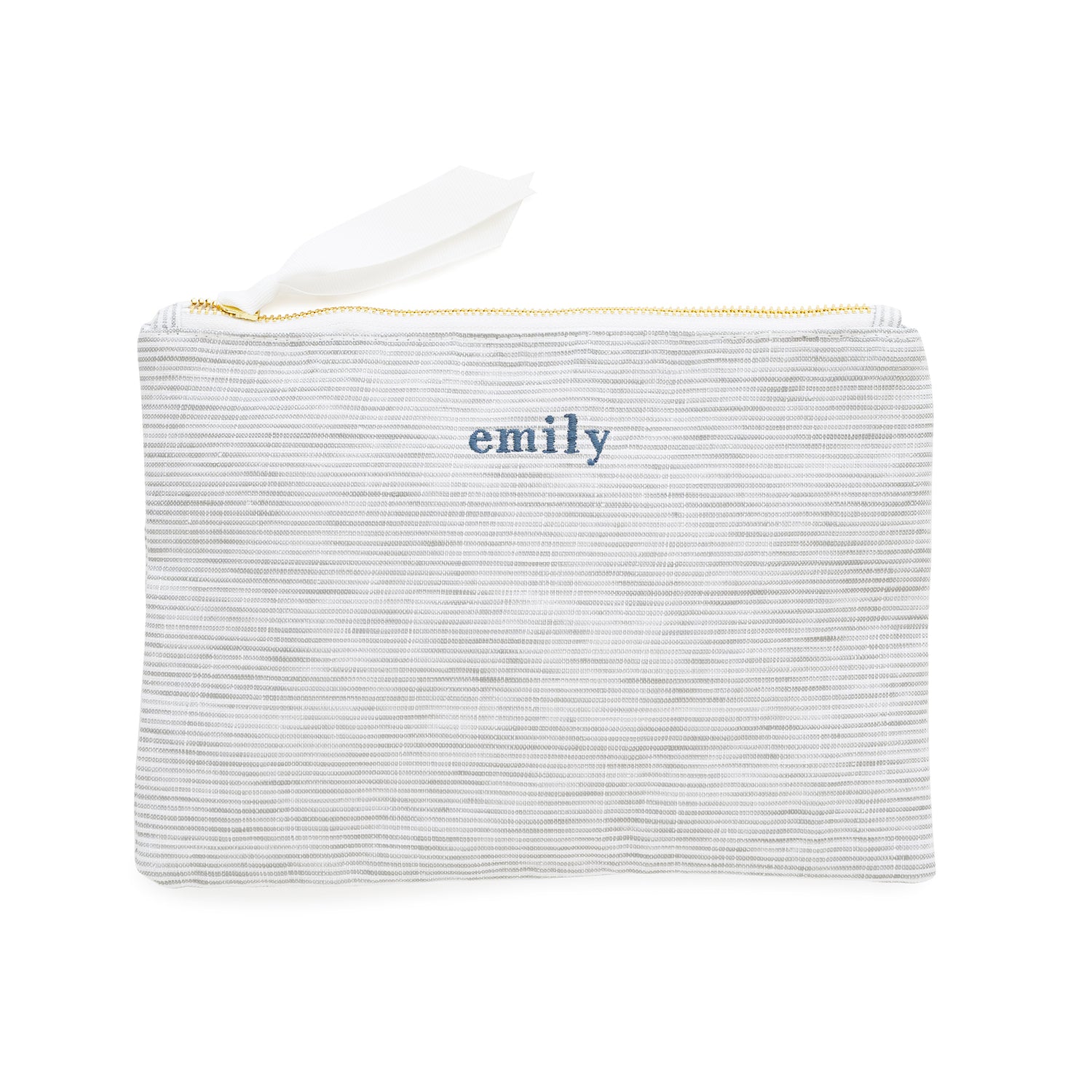 Striped pouch with 'emily' embroidery in blue thread}