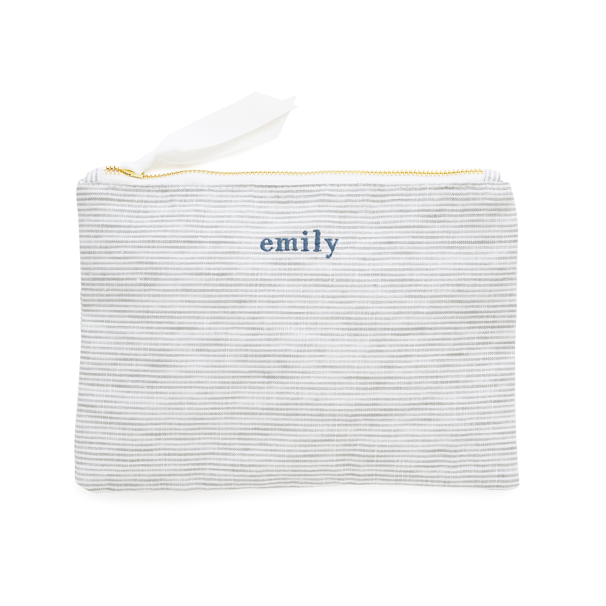 Striped pouch with 'emily' embroidery in blue thread