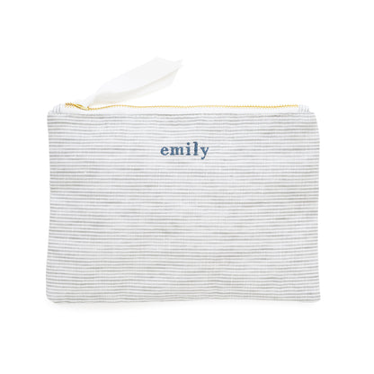 Striped pouch with 'emily' embroidery in blue thread