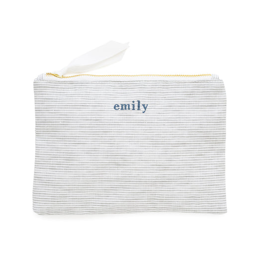 Striped pouch with 'emily' embroidery in blue thread