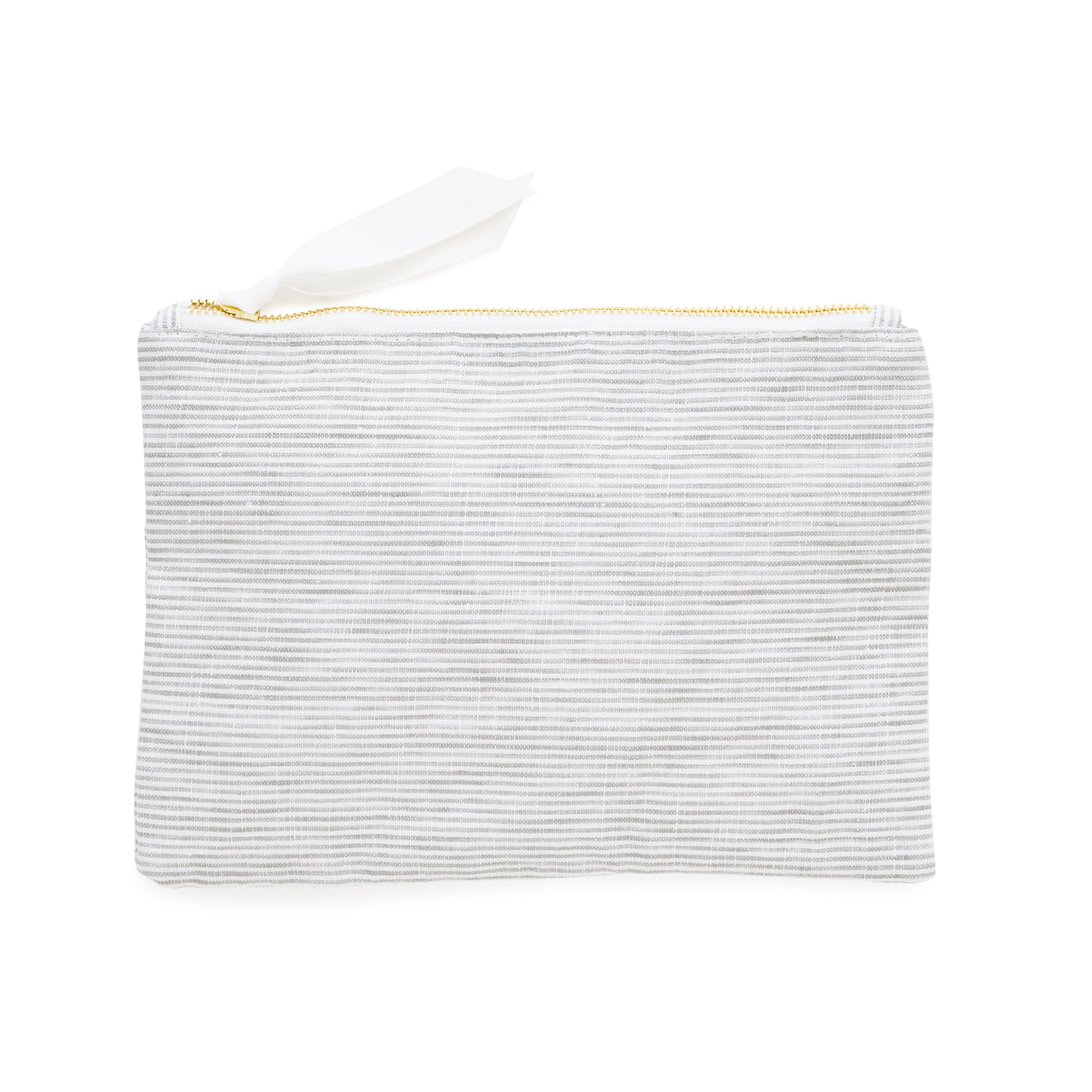 Grey and white stripe pouch with white ribbon pull and gold zipper