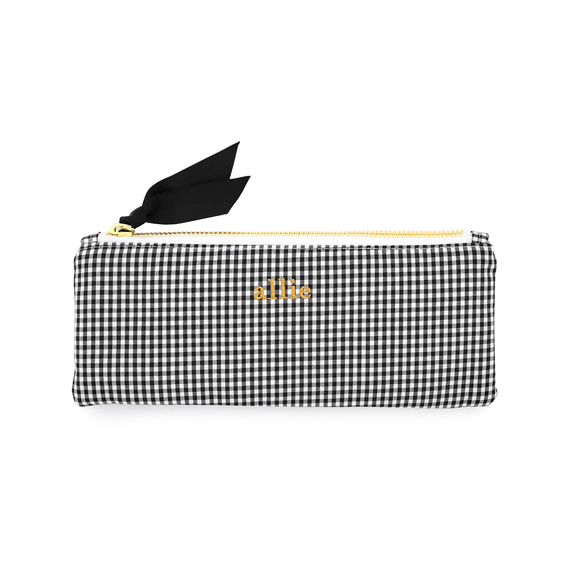 Black and white checkered pouch with gold zipper and 'allie' embroidery in mustard yellow