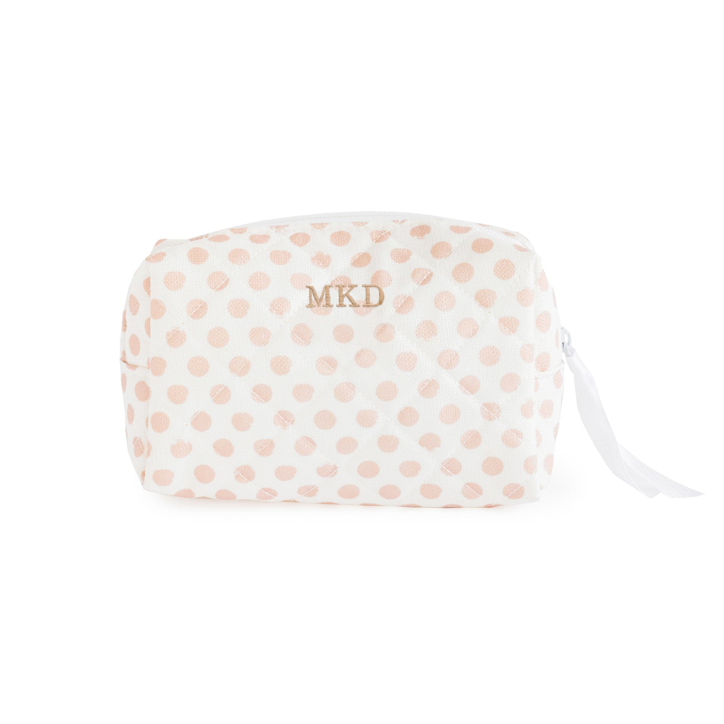 Rose polka dot pouch with white zipper and white ribbon pull embroidered with "MKD" in tan thread