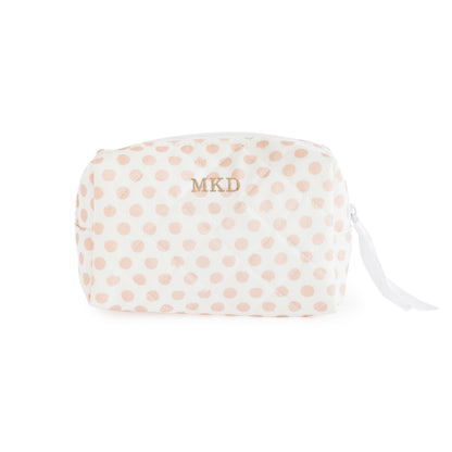 Rose polka dot pouch with white zipper and white ribbon pull embroidered with "MKD" in tan thread