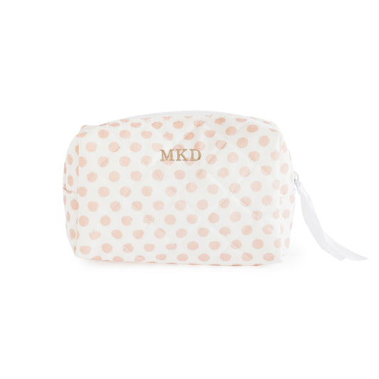 Rose polka dot pouch with white zipper and white ribbon pull embroidered with "MKD" in tan thread
