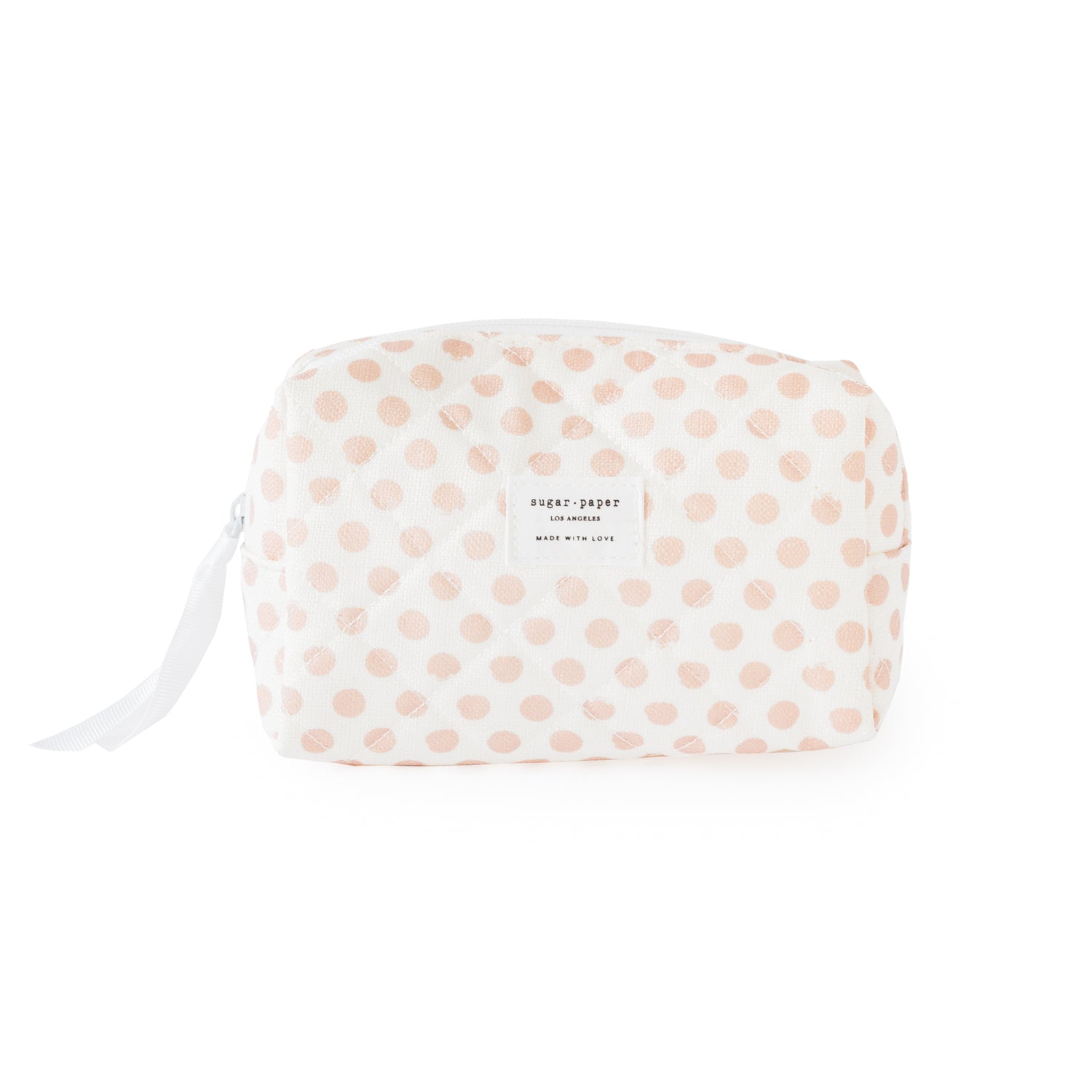 White and rose pink dot cosmetic pouch with white ribbon and zipper}
