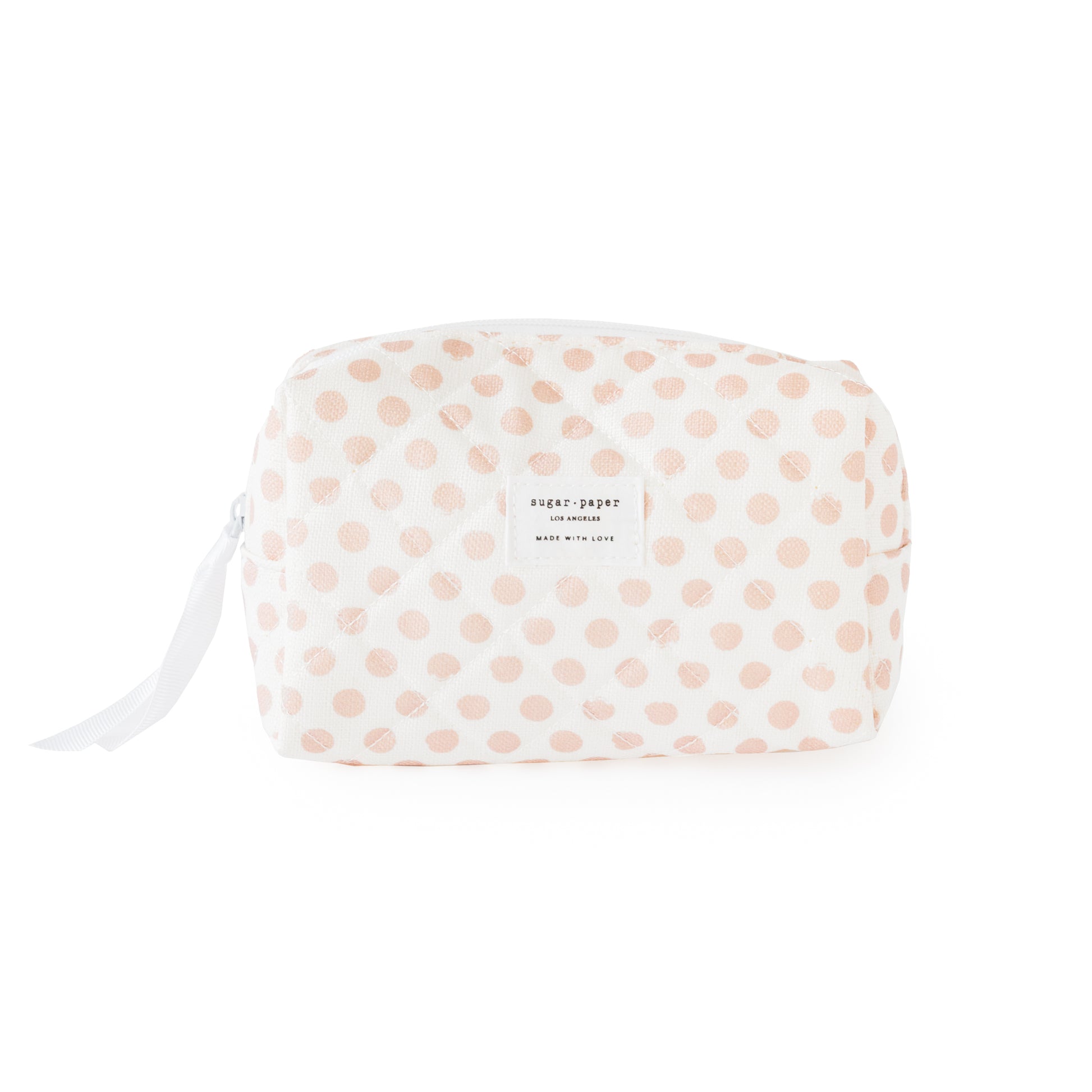 White and rose pink dot cosmetic pouch with white ribbon and zipper