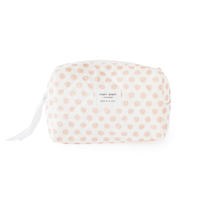 White and rose pink dot cosmetic pouch with white ribbon and zipper