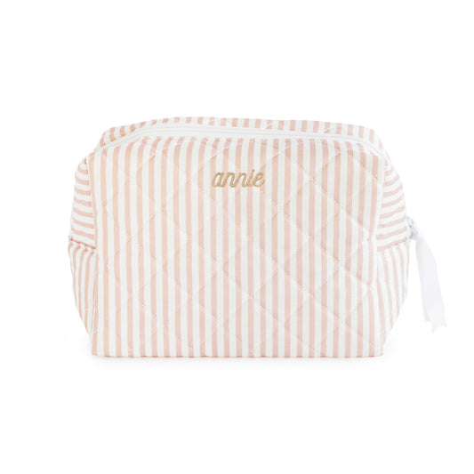 Rose striped pouch with white zipper and white ribbon pull with "annie" embroidered in tan thread