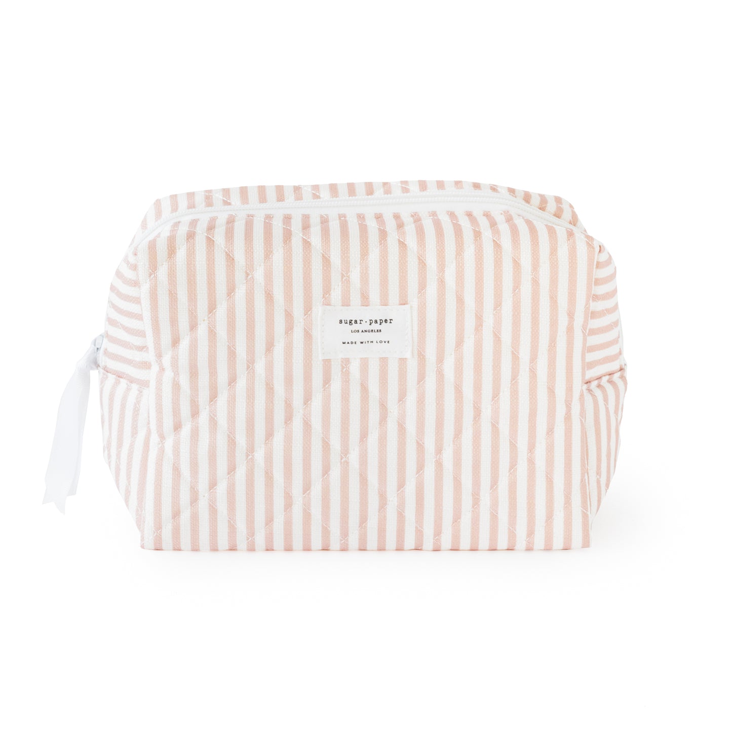 Rose and white striped cosmetic pouch with white ribbon and zipper