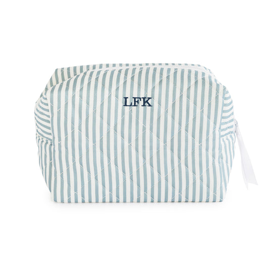 Blue and white striped pouch with white zipper and white ribbon pull embroidered with "LFK" in navy thread