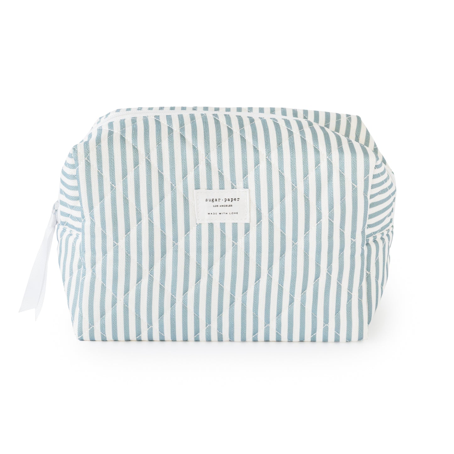 Blue and white striped cosmetic pouch with white ribbon and zipper