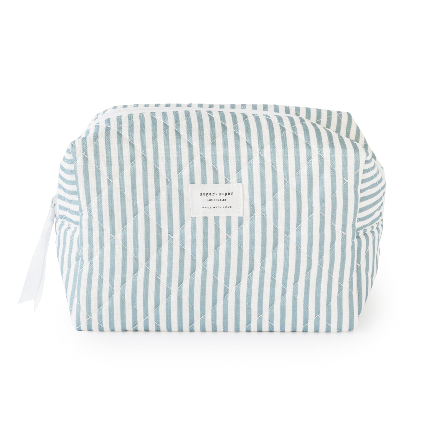 Blue and white striped cosmetic pouch with white ribbon and zipper}
