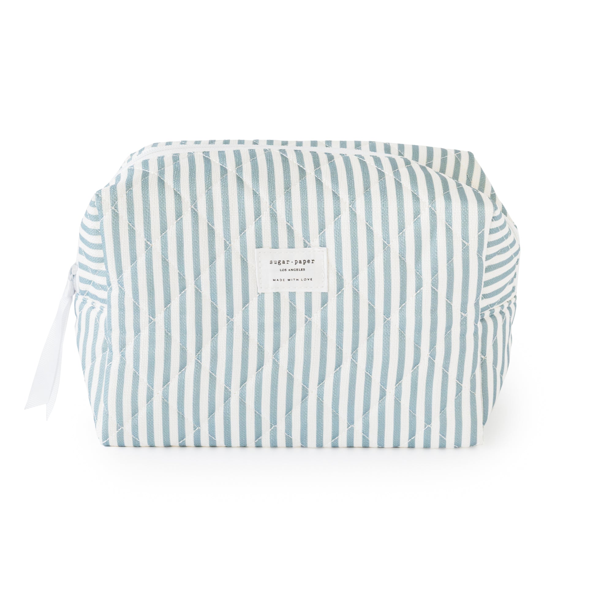 Blue and white striped cosmetic pouch with white ribbon and zipper