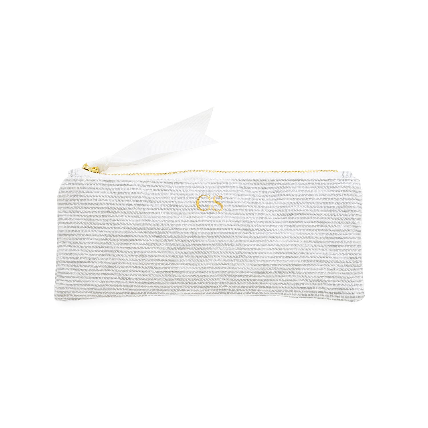 Striped pencil pouch with a gold zipper, white ribbon pull, and gold foil initials}