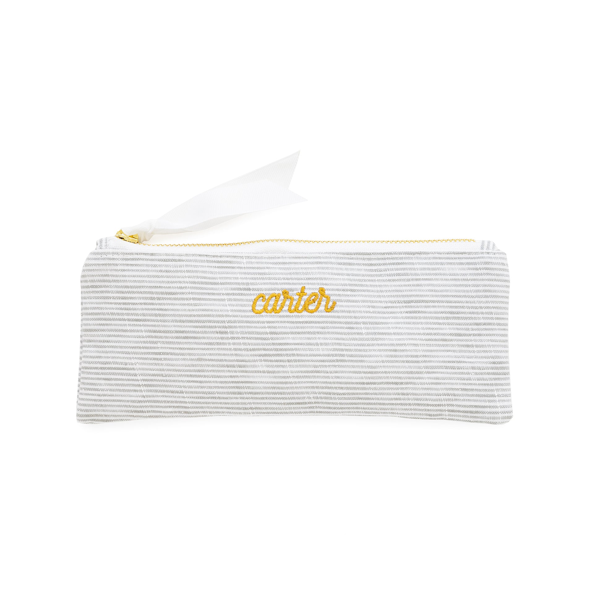 Striped pouch with 'carter' embroidery in mustard thread