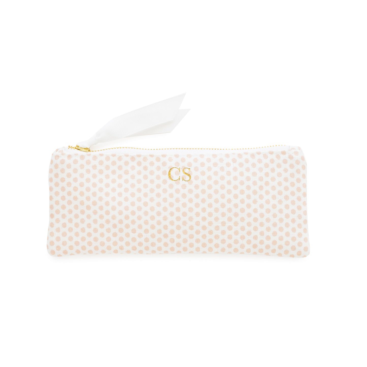 Pink polka dot pouch with gold foil initials and gold zipper and white ribbon