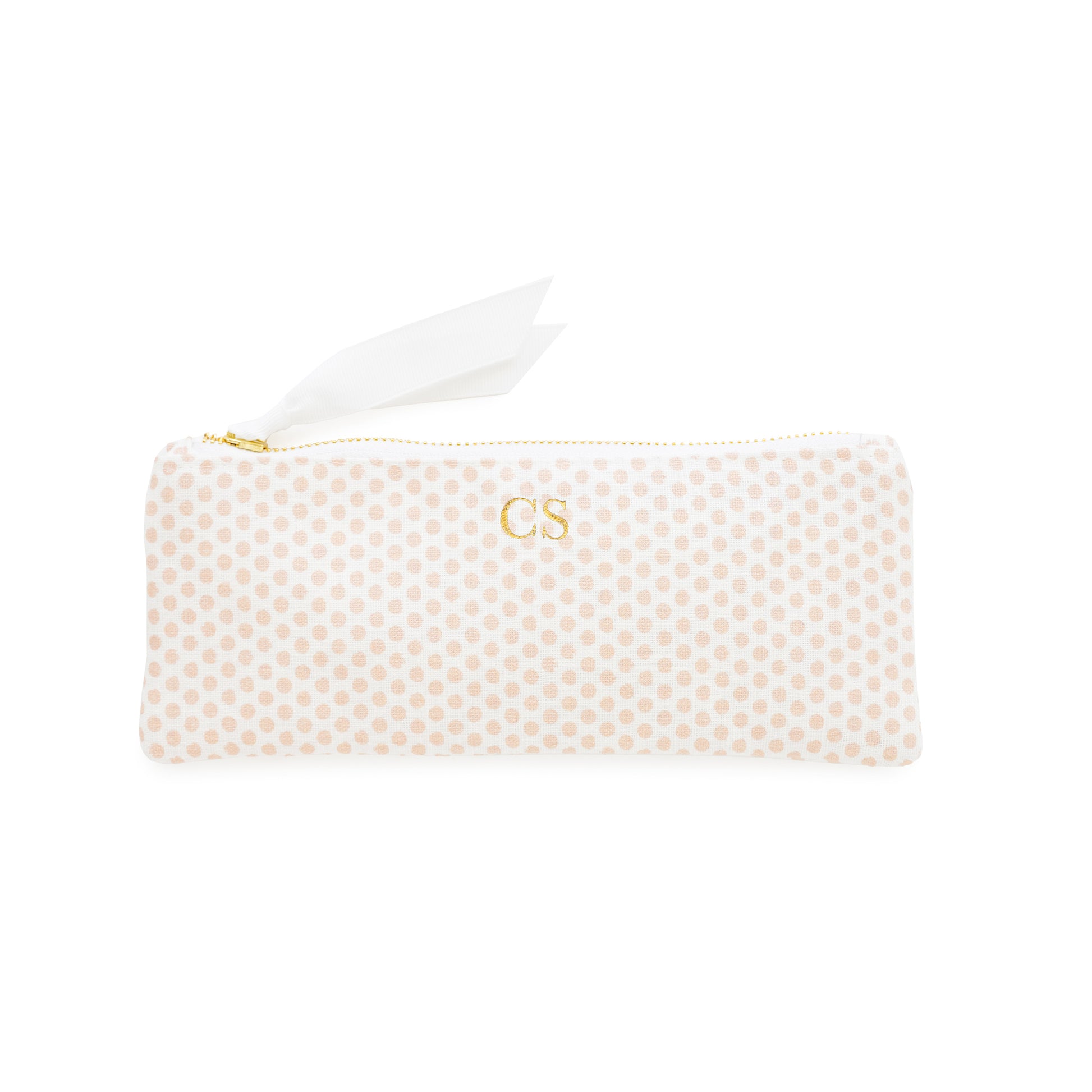 Pink polka dot pouch with gold foil initials and gold zipper and white ribbon