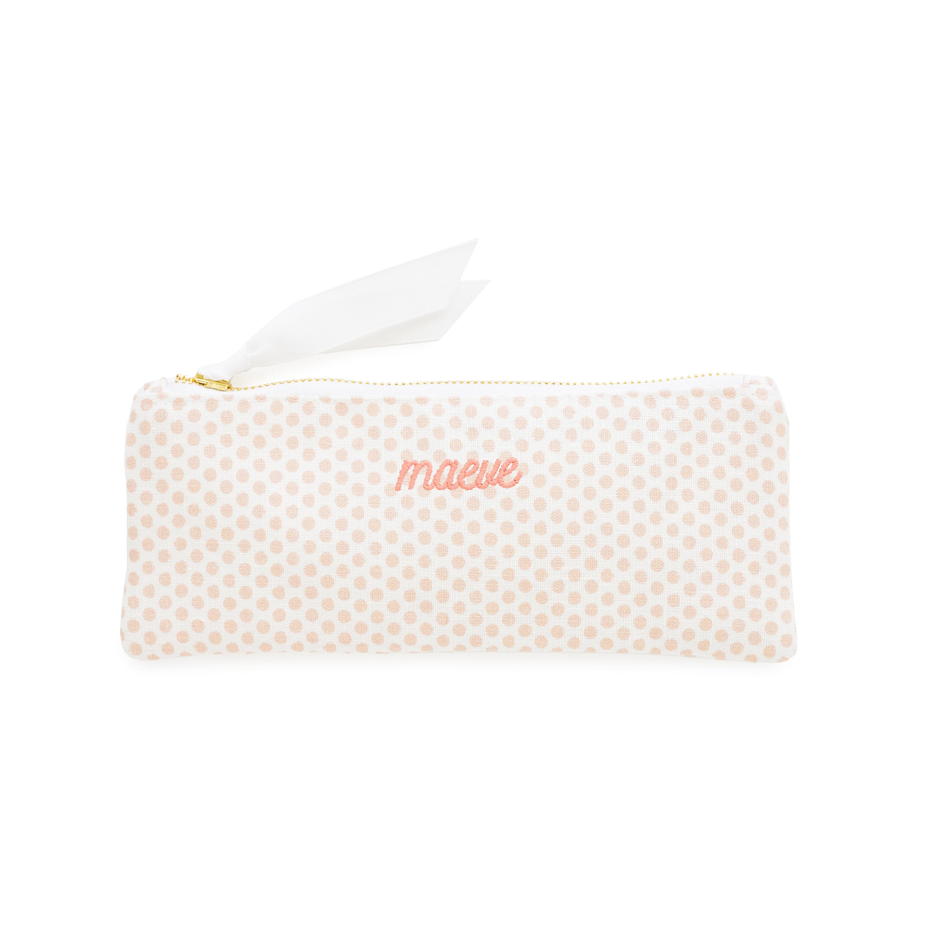 Pink polka dot pencil case with 'maeve' in pink embroidery