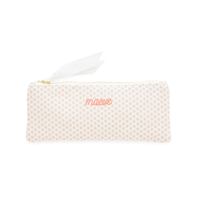 Pink polka dot pencil case with 'maeve' in pink embroidery