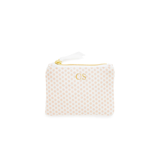 Small pouch with pink polka dot pattern and gold zipper with gold initials