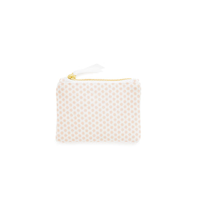 Small white pouch with pink dot pattern and gold zipper