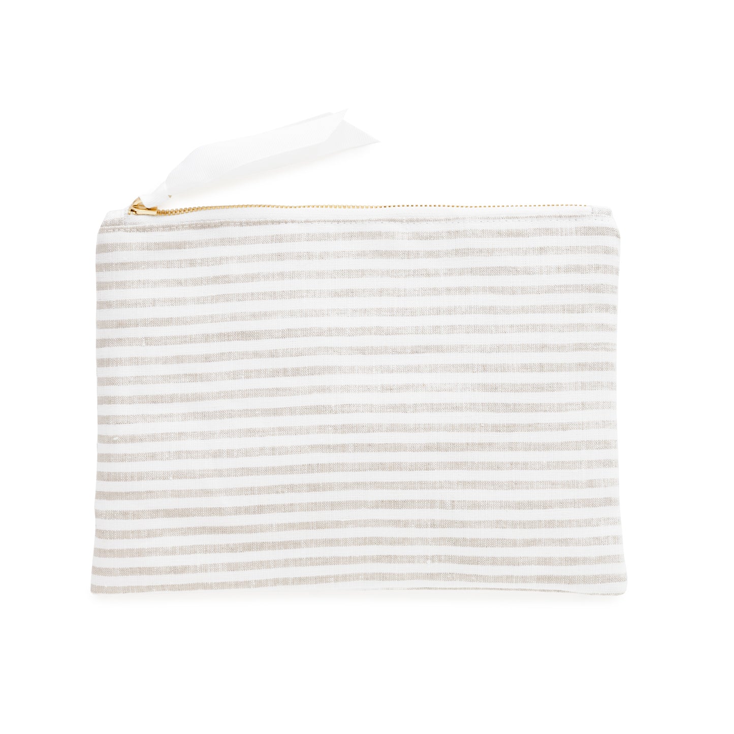Beige striped pouch with a gold zipper and white ribbon pull