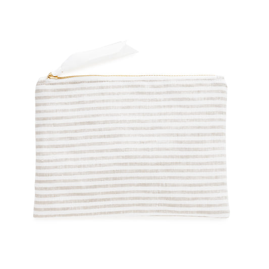 Beige striped pouch with a gold zipper and white ribbon pull