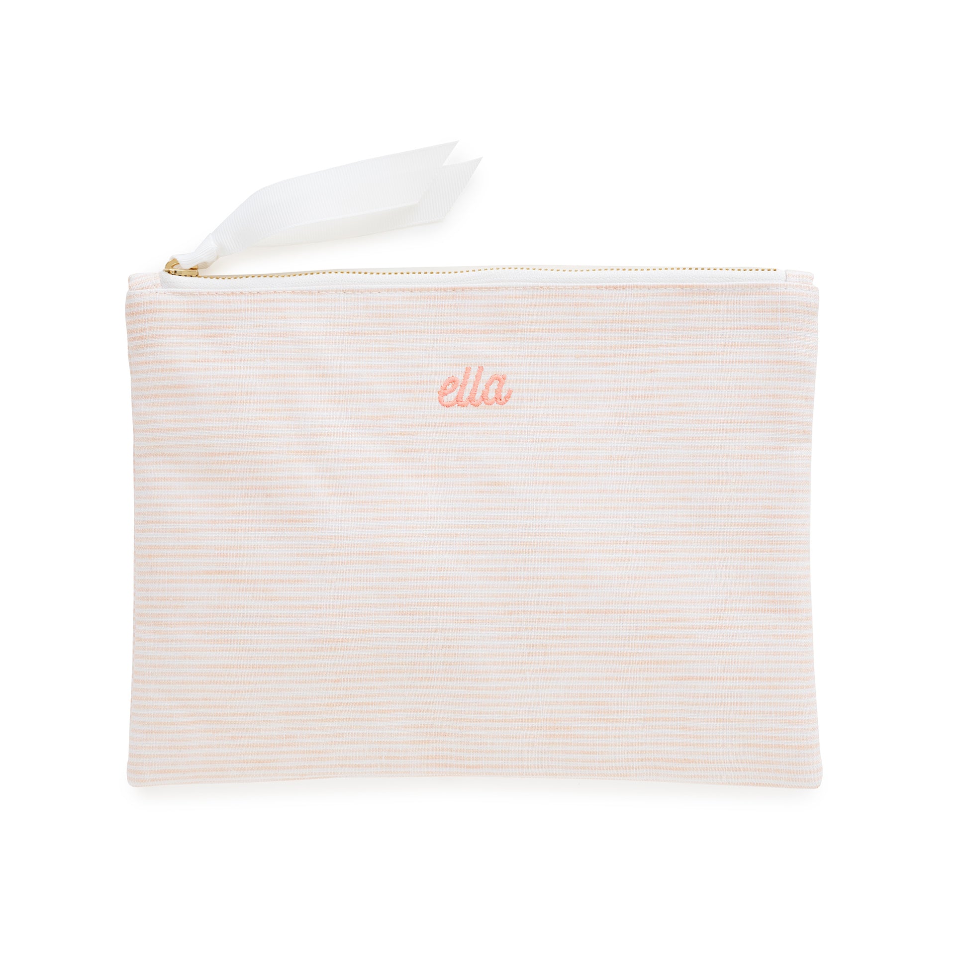 Pink pouch with 'ella' embroidery on a white background
