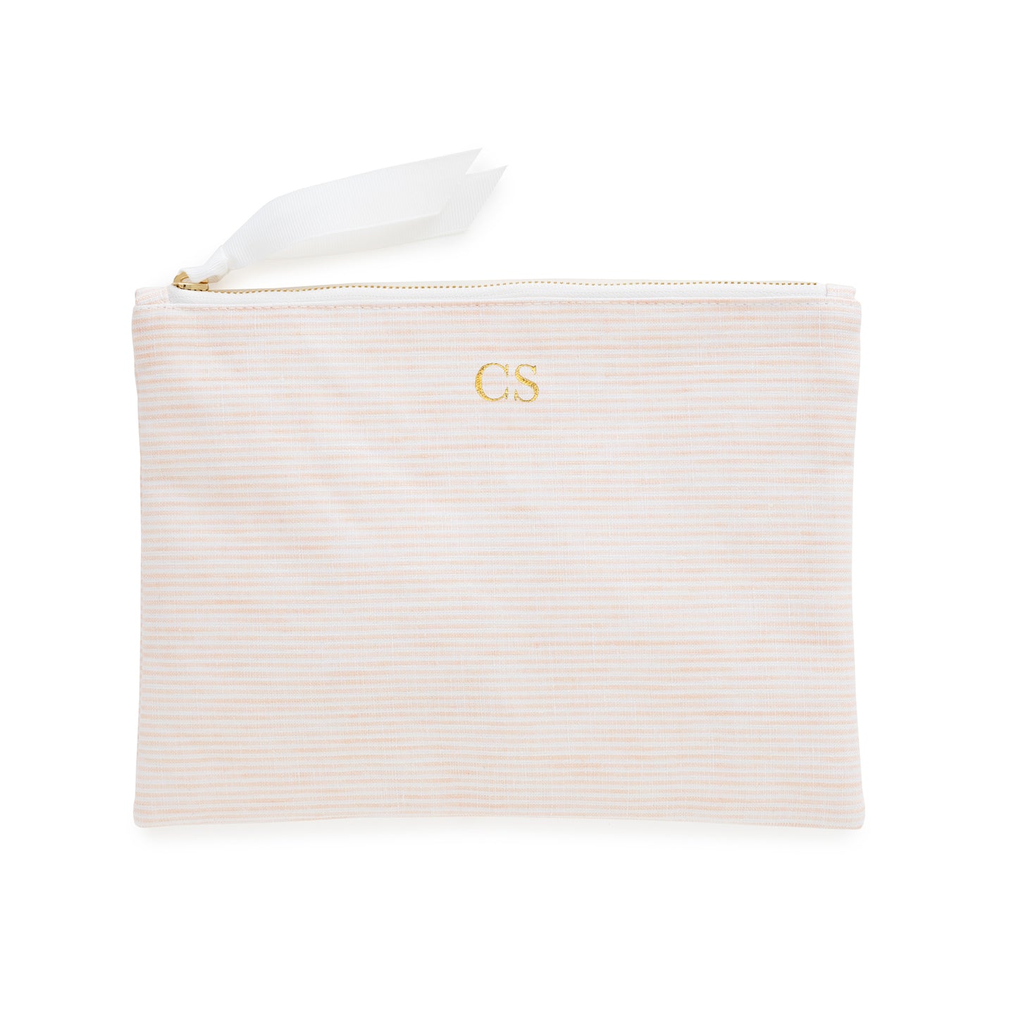 Pink striped pouch with gold initials, gold zipper, and white ribbon pull