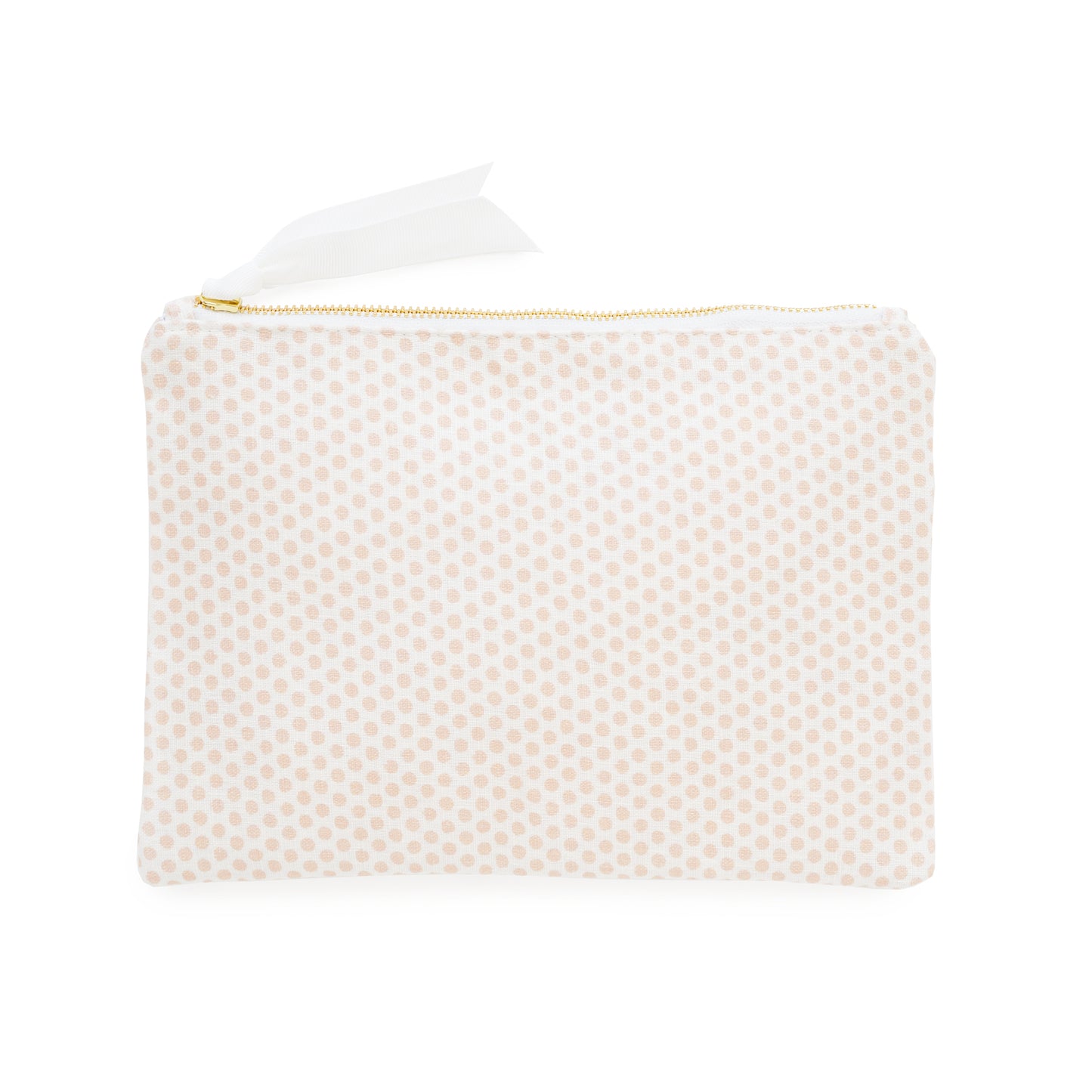 White and pink dot pouch with gold zipper and white ribbon pull