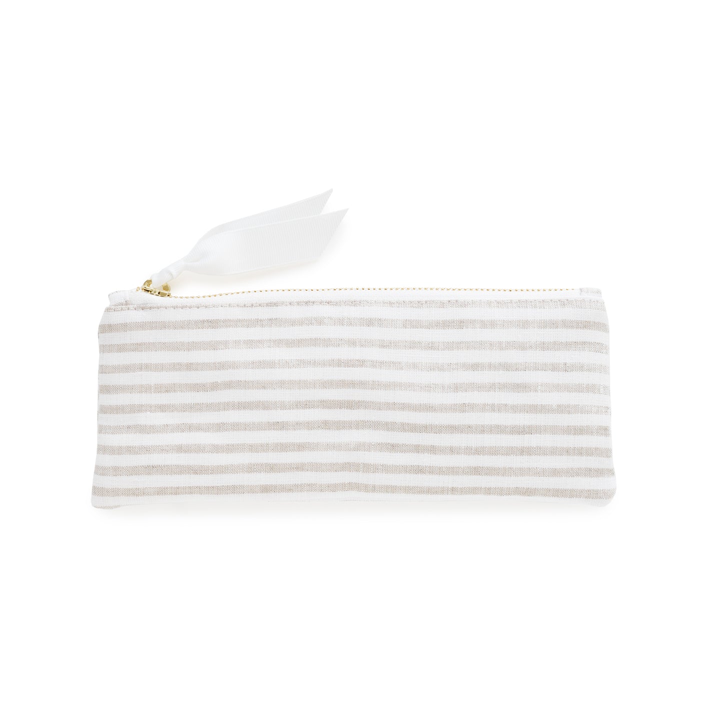 Beige striped pouch with a gold zipper and white ribbon pull