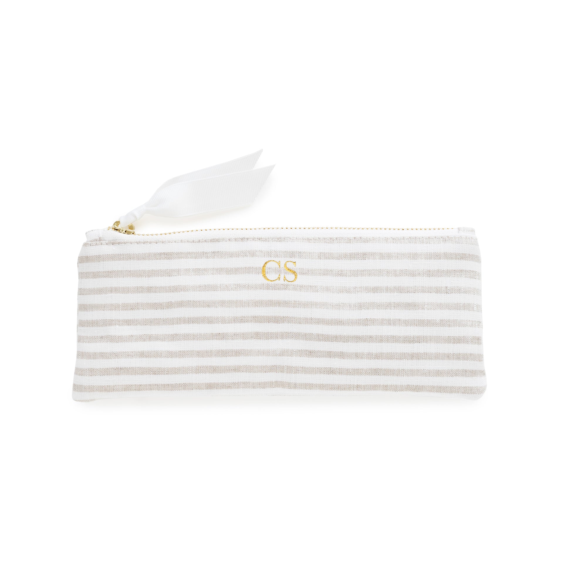 Flax and white striped pouch with gold zipper, white ribbon pull, and gold initials